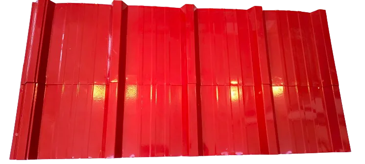 A red colour coated MNF 3 Rib roofing sheet, photographed at the plant